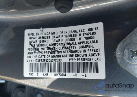 2012 Honda Civic Lx из США, поврежденный, VIN 19XFB2F52CE372633